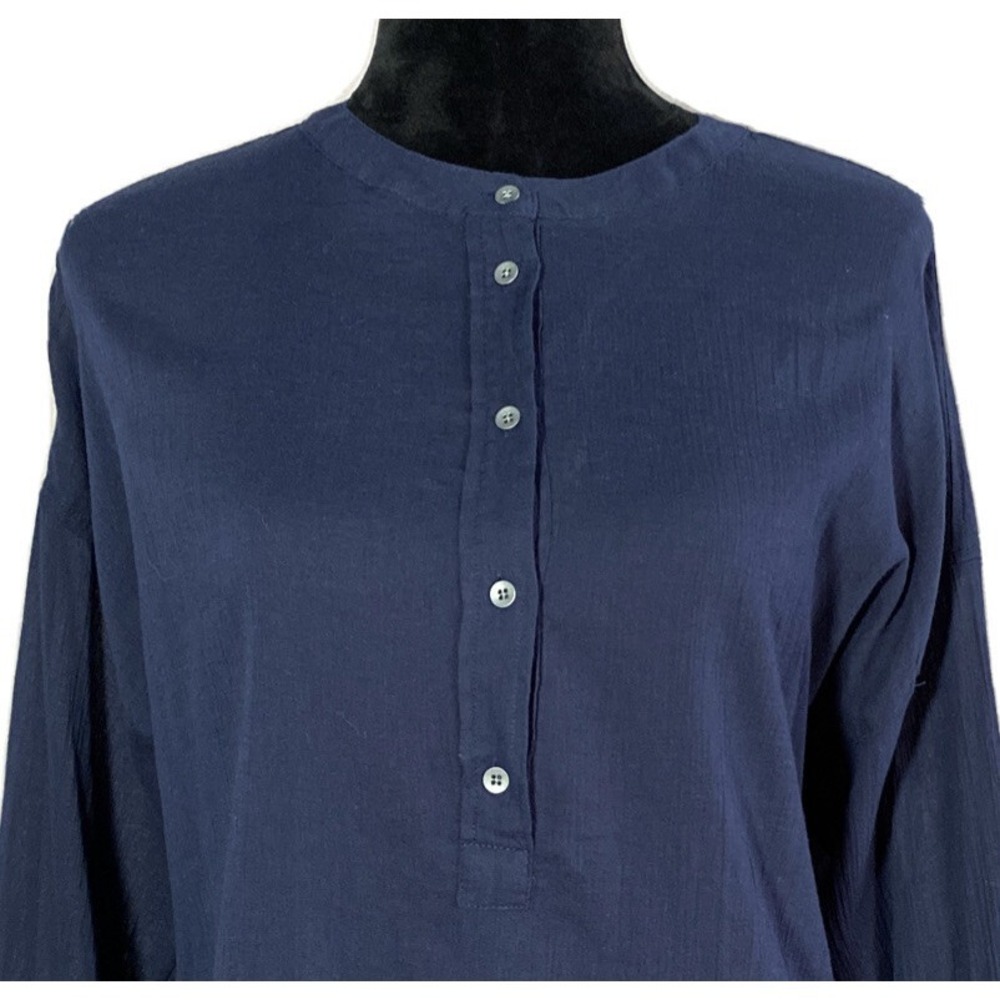 NWT Lou & Grey Top MED‎ Navy Blue Button Down Shirt Drop Shoulder Tunic Stretch